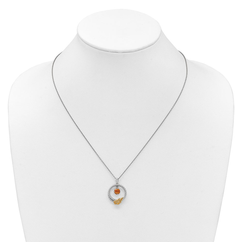 Sterling Silver Twisted Circle 14k Leaf Accent Round Citrine Dangle Necklace 18"