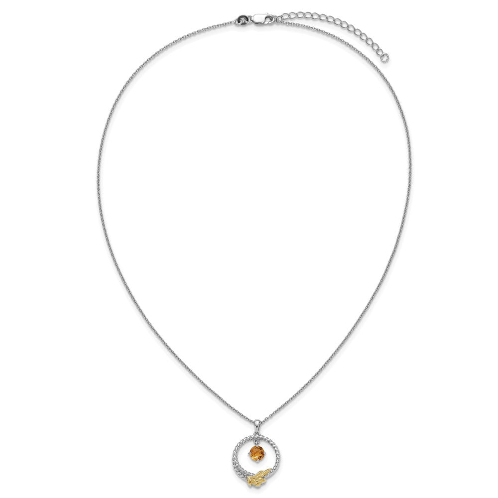 Sterling Silver Twisted Circle 14k Leaf Accent Round Citrine Dangle Necklace 18"