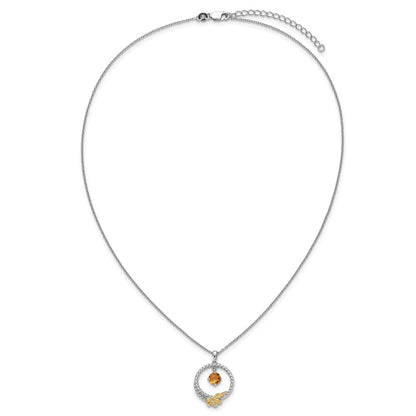Sterling Silver Twisted Circle 14k Leaf Accent Round Citrine Dangle Necklace 18"