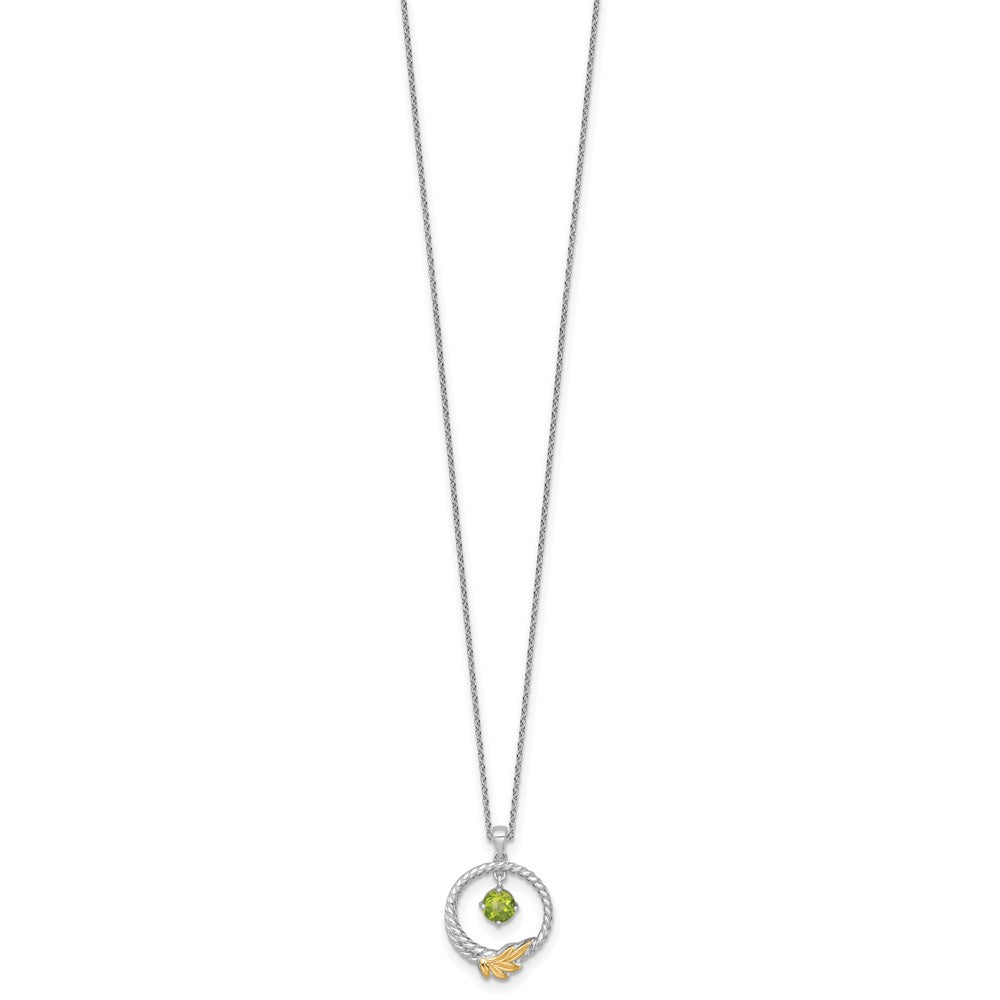 Sterling Silver Twisted Circle 14k Leaf Accent Round Peridot Dangle Necklace 18"