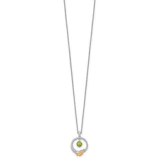 Sterling Silver Twisted Circle 14k Leaf Accent Round Peridot Dangle Necklace 18"