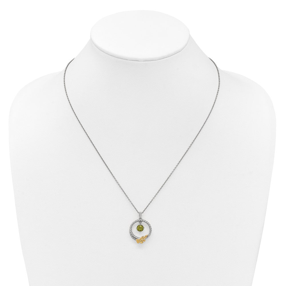 Sterling Silver Twisted Circle 14k Leaf Accent Round Peridot Dangle Necklace 18"