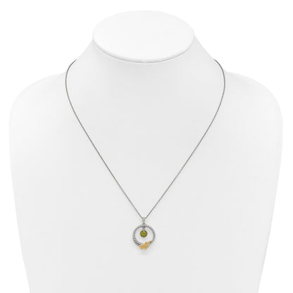 Sterling Silver Twisted Circle 14k Leaf Accent Round Peridot Dangle Necklace 18"