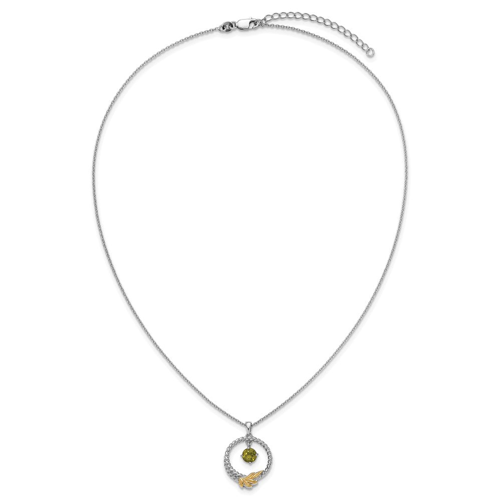 Sterling Silver Twisted Circle 14k Leaf Accent Round Peridot Dangle Necklace 18"