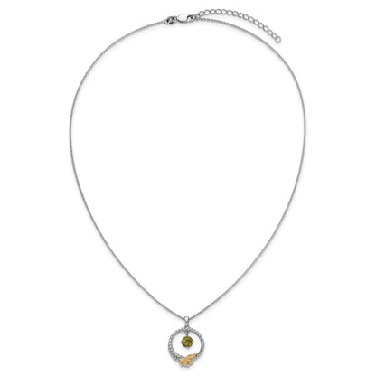 Sterling Silver Twisted Circle 14k Leaf Accent Round Peridot Dangle Necklace 18"