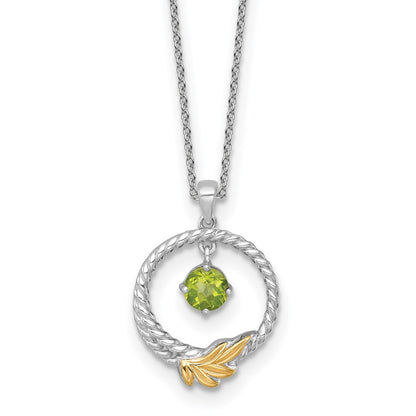 Sterling Silver Twisted Circle 14k Leaf Accent Round Peridot Dangle Necklace 18"
