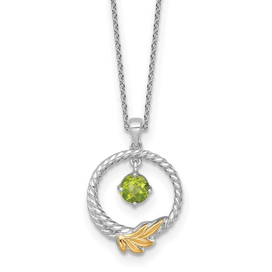 Sterling Silver Twisted Circle 14k Leaf Accent Round Peridot Dangle Necklace 18"