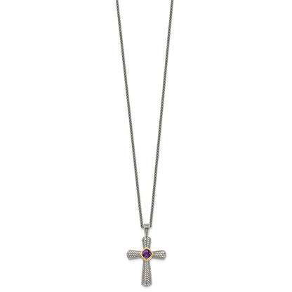 Sterling Silver 14K Gold Accent Cushion Bezel Amethyst Cross Necklace 18"