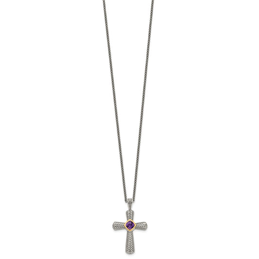 Sterling Silver 14K Gold Accent Cushion Bezel Amethyst Cross Necklace 18"