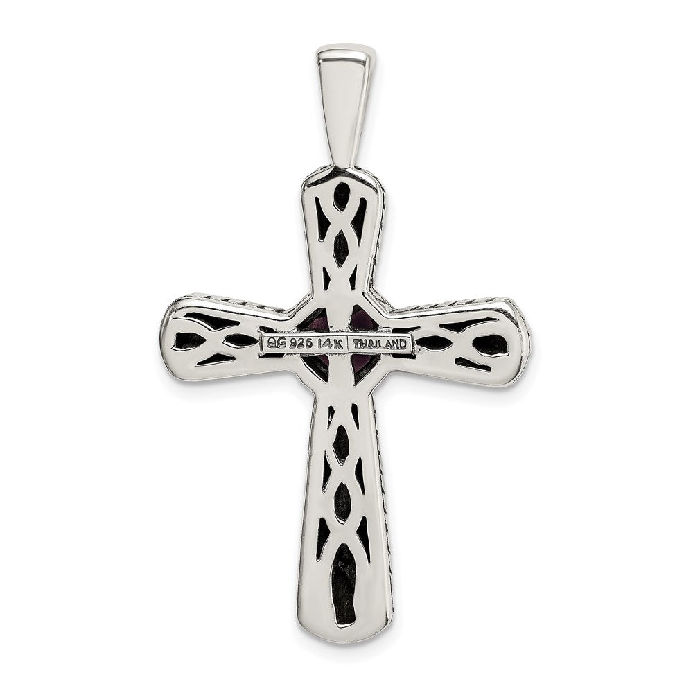 Sterling Silver 14K Gold Accent Cushion Bezel Amethyst Cross Necklace 18"