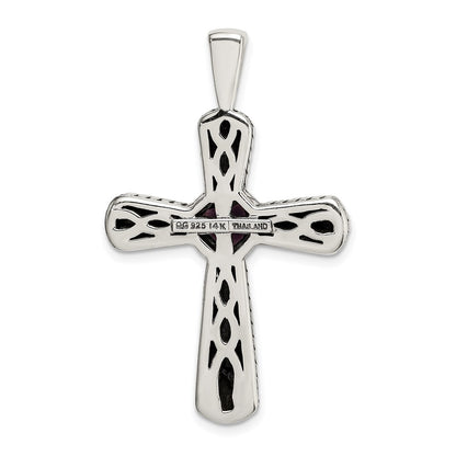 Sterling Silver 14K Gold Accent Cushion Bezel Amethyst Cross Necklace 18"