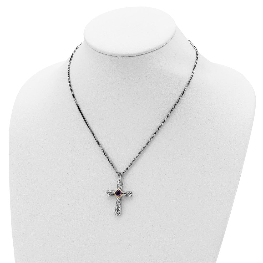 Sterling Silver 14K Gold Accent Cushion Bezel Amethyst Cross Necklace 18"