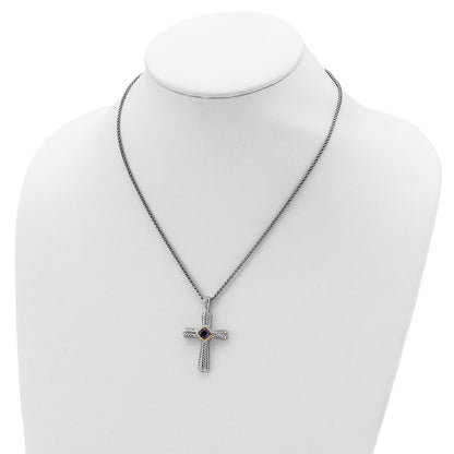 Sterling Silver 14K Gold Accent Cushion Bezel Amethyst Cross Necklace 18"