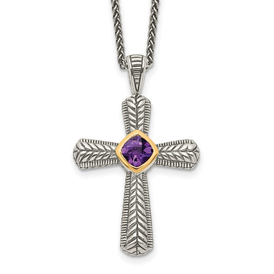 Sterling Silver 14K Gold Accent Cushion Bezel Amethyst Cross Necklace 18"
