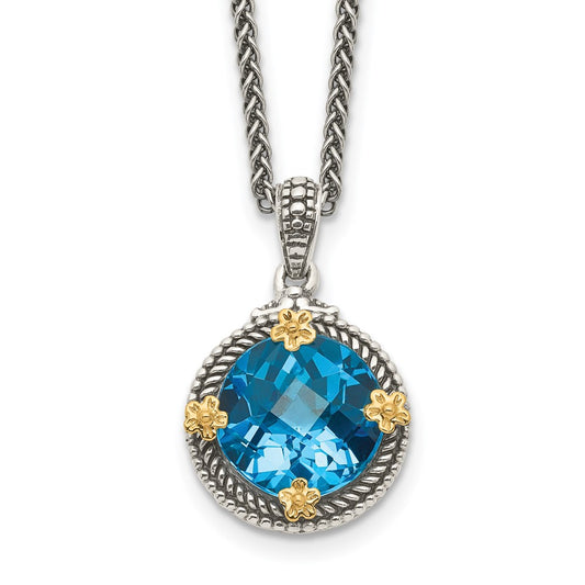 Sterling Silver 14K Gold Accent Round Swiss Blue Topaz Necklace 18"