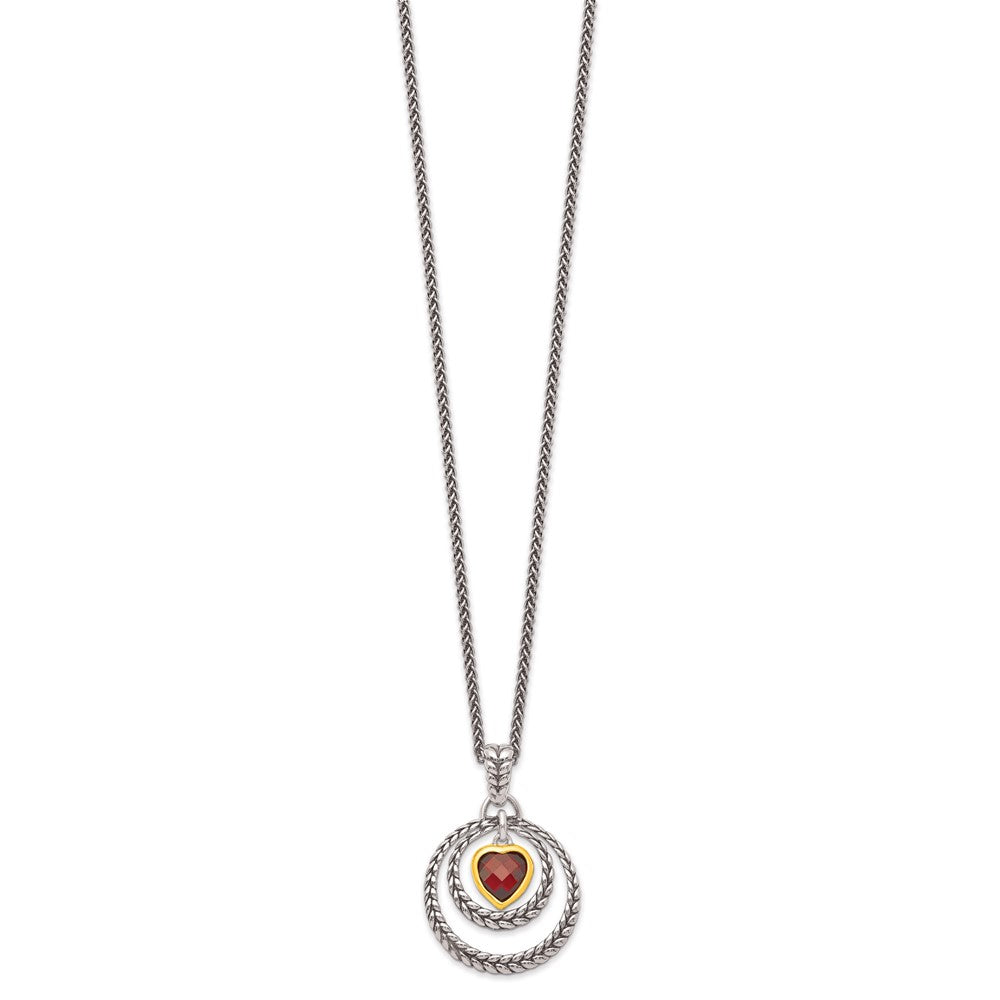 Sterling Silver Flash Gold-plated Checkerboard Garnet Heart Necklace 18"