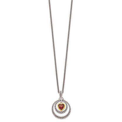 Sterling Silver Flash Gold-plated Checkerboard Garnet Heart Necklace 18"
