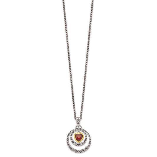Sterling Silver Flash Gold-plated Checkerboard Garnet Heart Necklace 18"