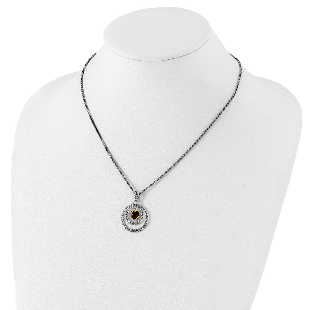 Sterling Silver Flash Gold-plated Checkerboard Garnet Heart Necklace 18"