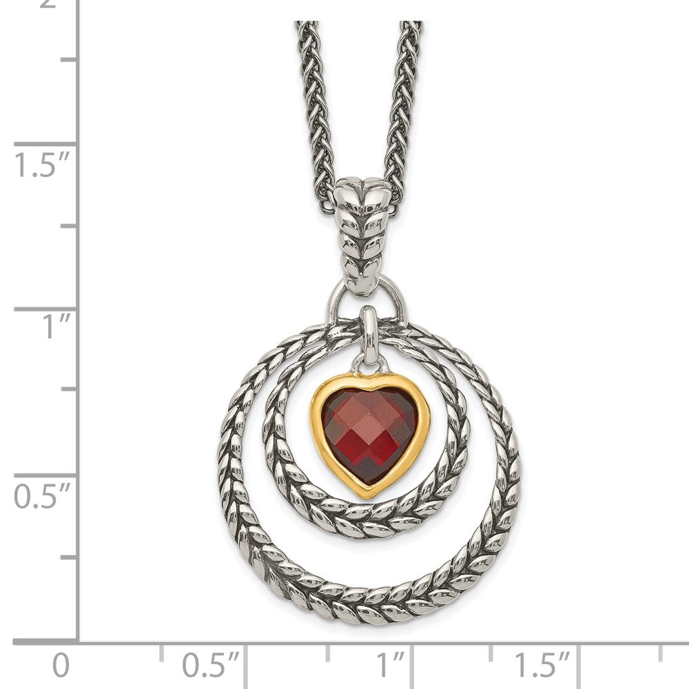 Sterling Silver Flash Gold-plated Checkerboard Garnet Heart Necklace 18"