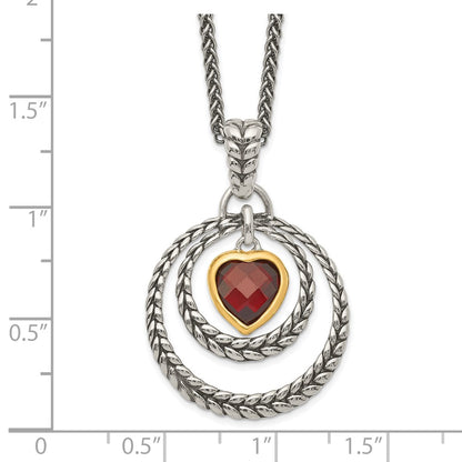 Sterling Silver Flash Gold-plated Checkerboard Garnet Heart Necklace 18"