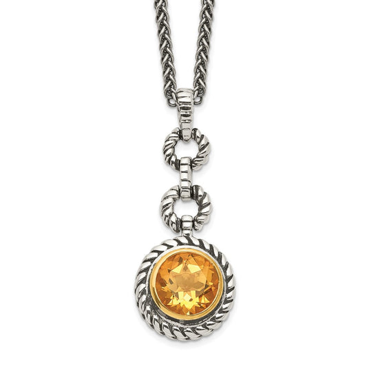 Sterling Silver Flash Gold-plated Round Bezel Citrine Necklace 18"