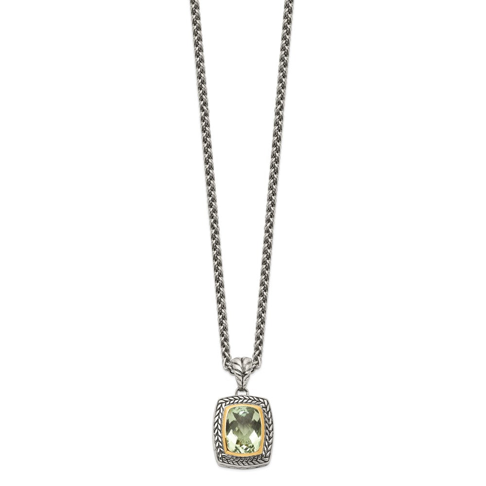 Sterling Silver 14K Gold Accent Cushion Bezel Green Quartz Necklace 20"
