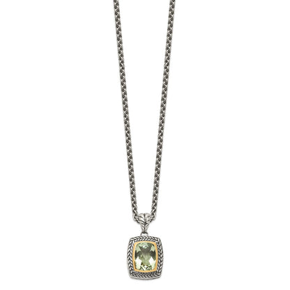 Sterling Silver 14K Gold Accent Cushion Bezel Green Quartz Necklace 20"
