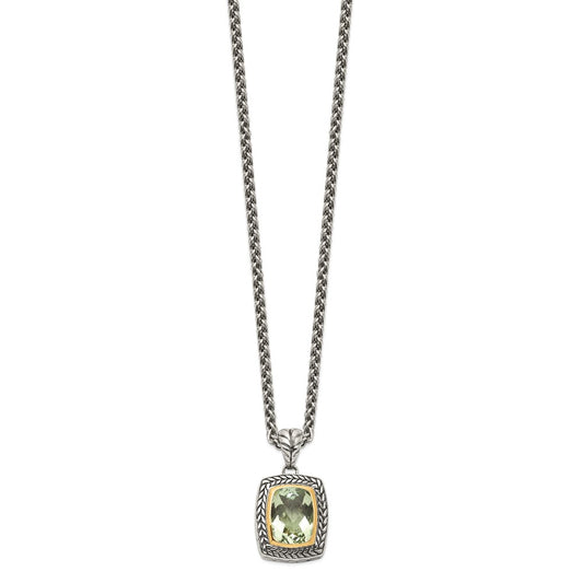 Sterling Silver 14K Gold Accent Cushion Bezel Green Quartz Necklace 20"