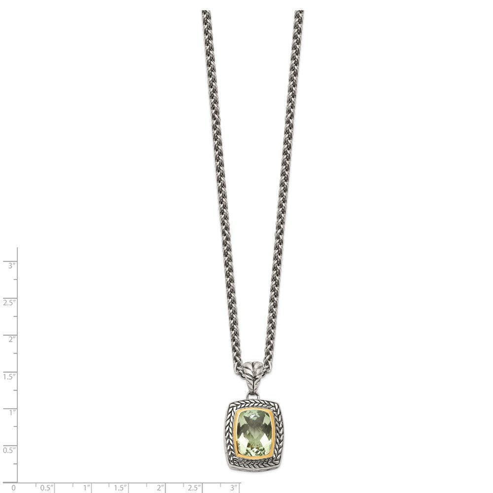 Sterling Silver 14K Gold Accent Cushion Bezel Green Quartz Necklace 20"