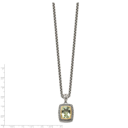 Sterling Silver 14K Gold Accent Cushion Bezel Green Quartz Necklace 20"