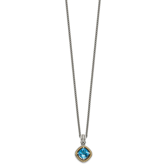 Sterling Silver 14K Gold Accent Cushion Swiss Blue Topaz Necklace 18"