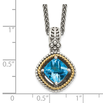 Sterling Silver 14K Gold Accent Cushion Swiss Blue Topaz Necklace 18"