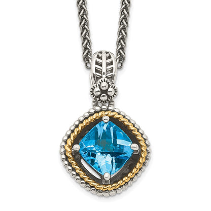 Sterling Silver 14K Gold Accent Cushion Swiss Blue Topaz Necklace 18"