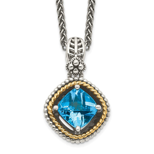 Sterling Silver 14K Gold Accent Cushion Swiss Blue Topaz Necklace 18"