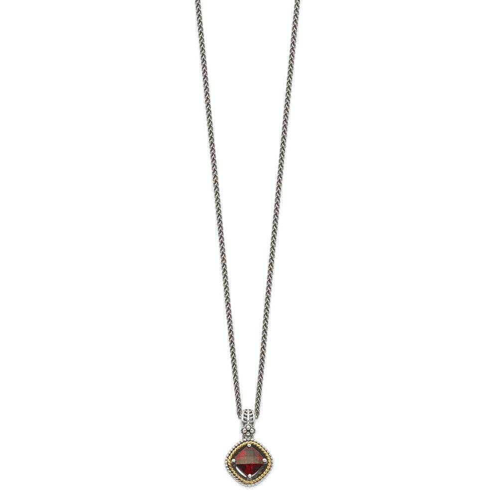 Sterling Silver 14K Gold Accent Checkerboard Cushion Garnet Necklace 18"
