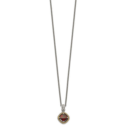 Sterling Silver 14K Gold Accent Checkerboard Cushion Garnet Necklace 18"