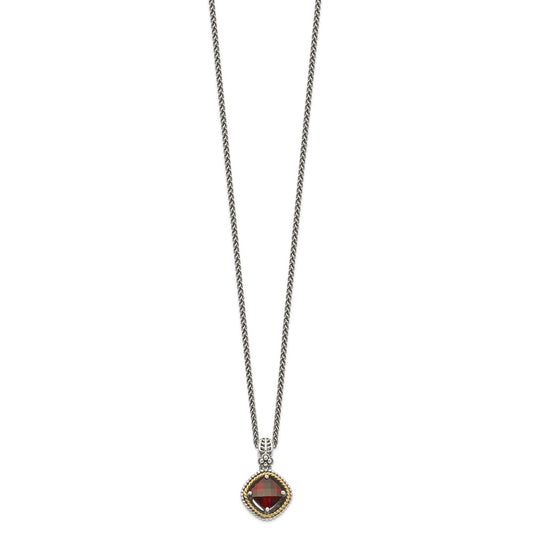 Sterling Silver 14K Gold Accent Checkerboard Cushion Garnet Necklace 18"