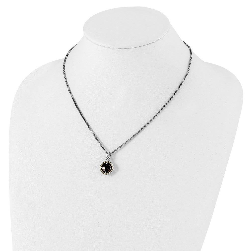 Sterling Silver 14K Gold Accent Checkerboard Cushion Garnet Necklace 18"