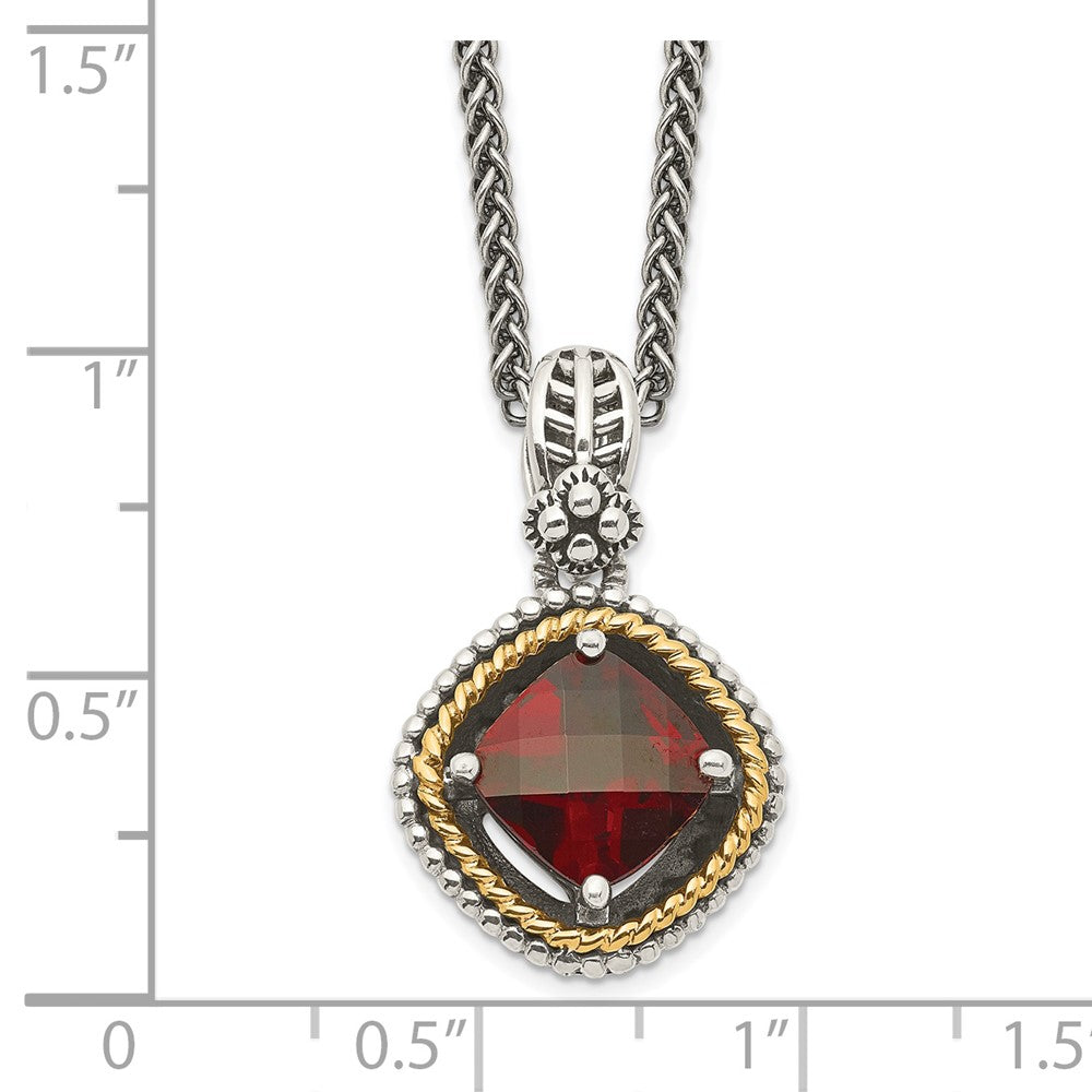 Sterling Silver 14K Gold Accent Checkerboard Cushion Garnet Necklace 18"