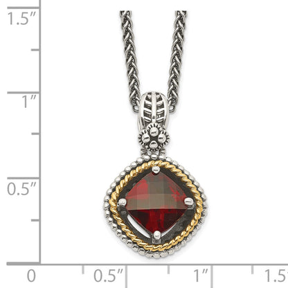 Sterling Silver 14K Gold Accent Checkerboard Cushion Garnet Necklace 18"