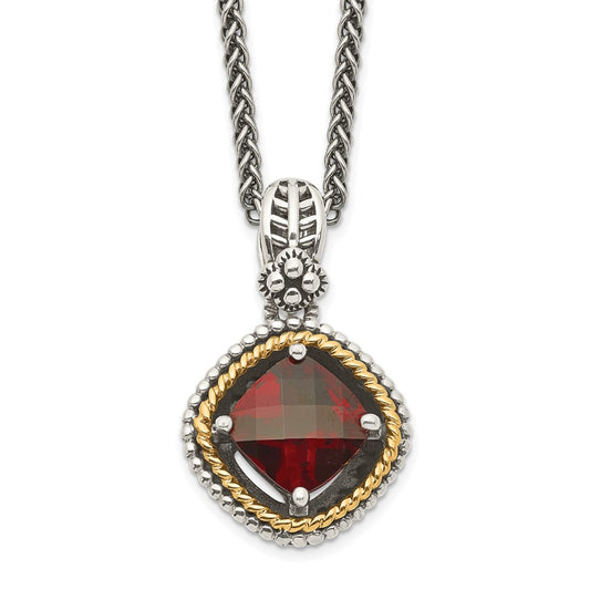 Sterling Silver 14K Gold Accent Checkerboard Cushion Garnet Necklace 18"