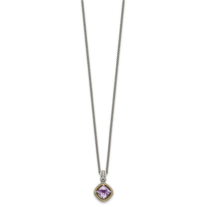 Sterling Silver 14K Gold Accent Cushion Pink Quartz Necklace 18"