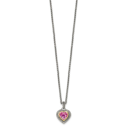 Sterling Silver 14K Gold Accent Heart Bezel Created Pink Sapphire Necklace 18"