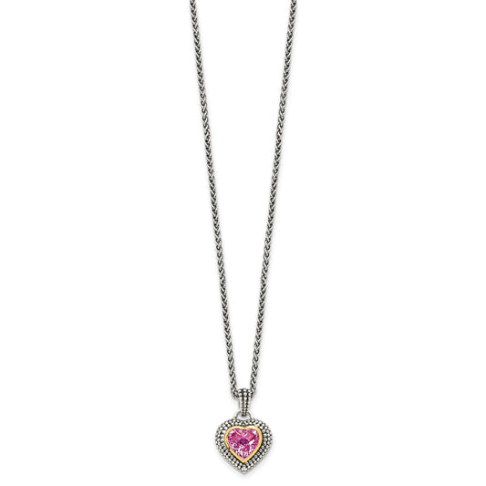 Sterling Silver 14K Gold Accent Heart Bezel Created Pink Sapphire Necklace 18"
