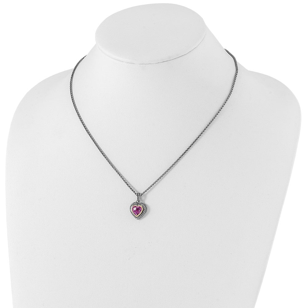 Sterling Silver 14K Gold Accent Heart Bezel Created Pink Sapphire Necklace 18"