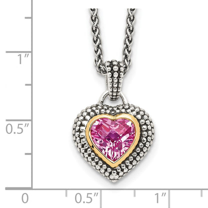Sterling Silver 14K Gold Accent Heart Bezel Created Pink Sapphire Necklace 18"