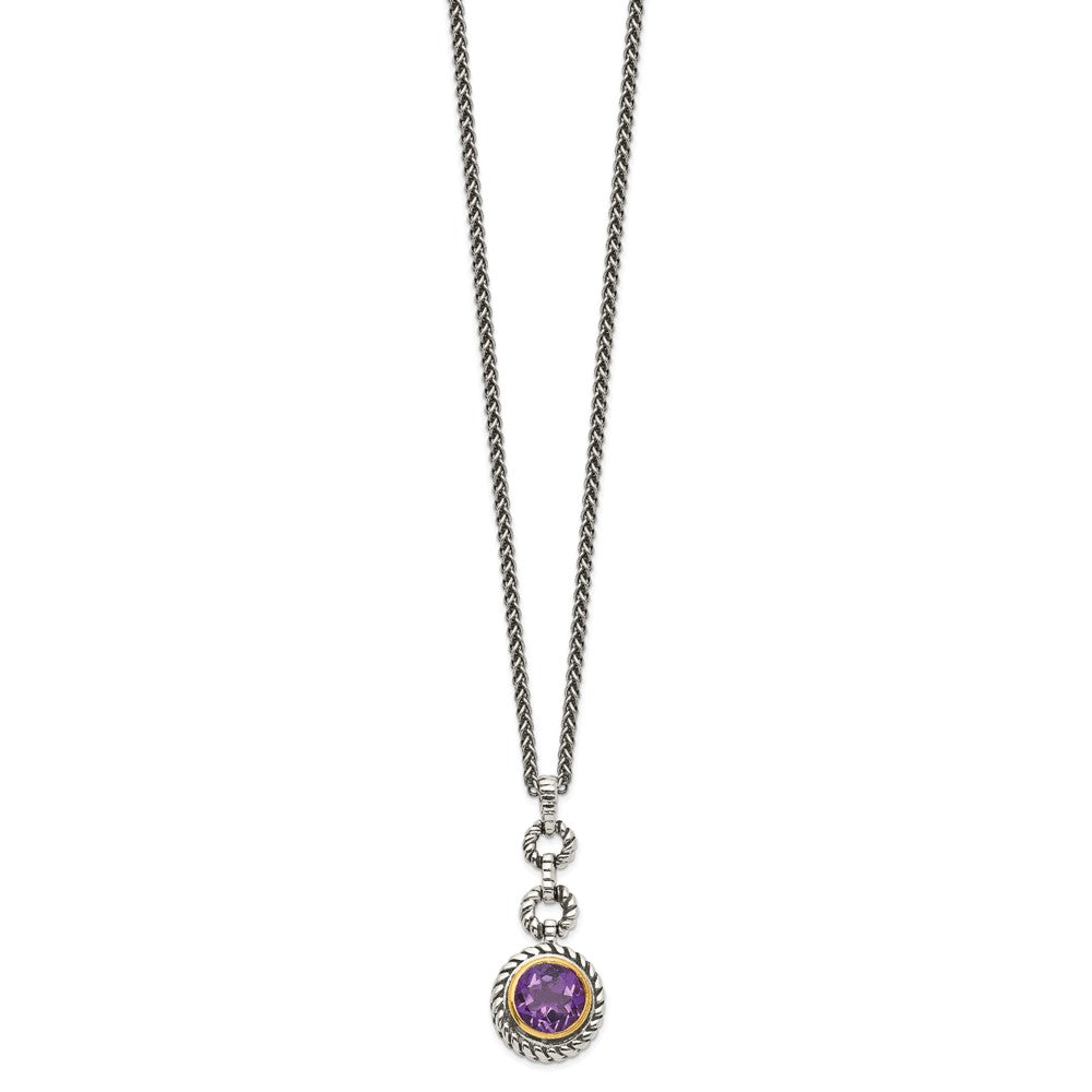 Sterling Silver Flash Gold-plated Round Bezel Amethyst Necklace 18"