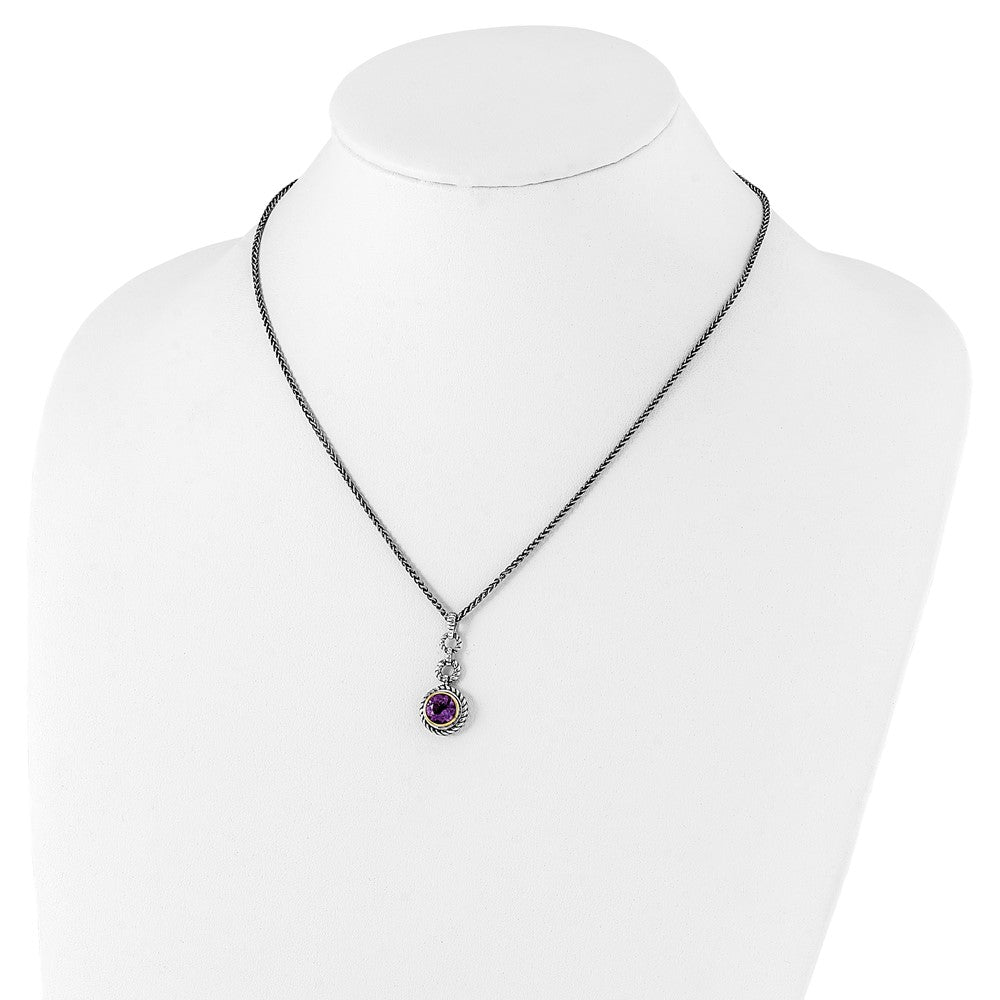 Sterling Silver Flash Gold-plated Round Bezel Amethyst Necklace 18"