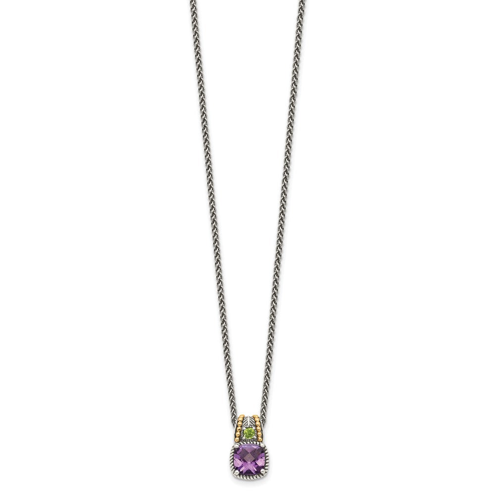 Sterling Silver 14K Gold Accent Cushion 1.85 Amethyst and .21 Peridot Necklace 18"